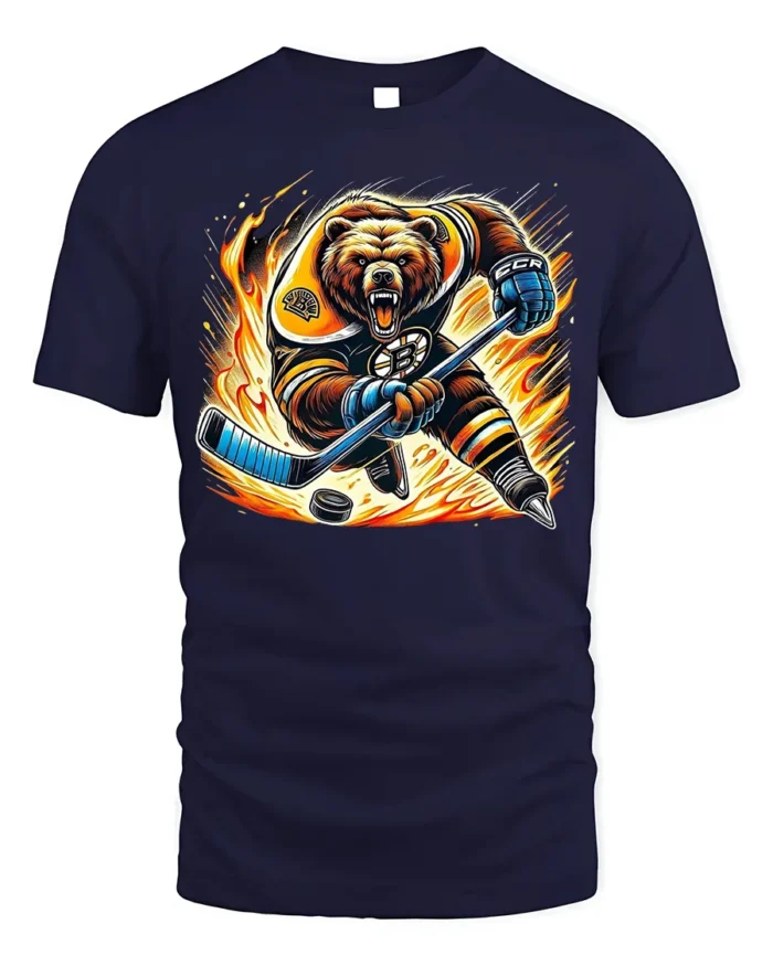 Fierce Hockey Bear Graphic T-Shirt Cool Sports Tee - navy t-shirt on white background