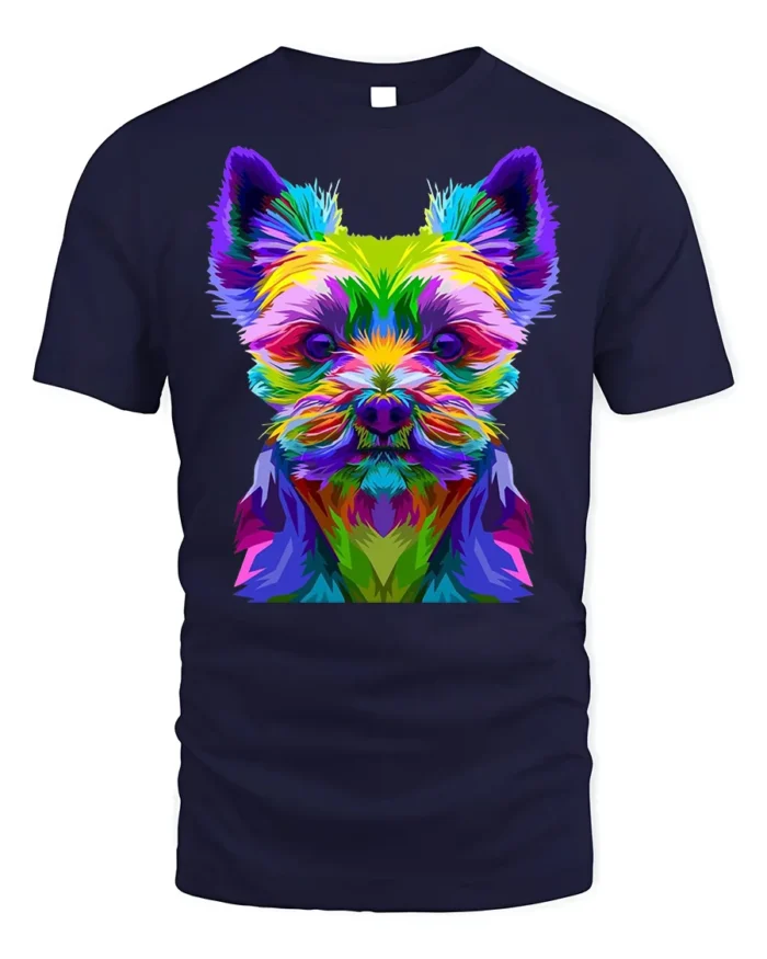 Colorful Yorkie Dog Graphic T-Shirt Pop Art Style Tee - navy t-shirt on white background