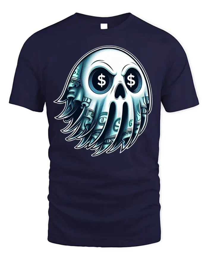 Money Skull Graphic T-Shirt Dollar Sign Eyes Tee - navy t-shirt on white background