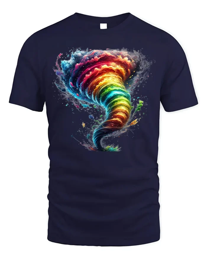 Rainbow Tornado Graphic T-Shirt Colorful Storm Tee - navy t-shirt on white background