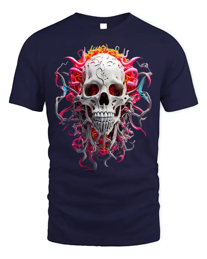Fiery Skull Graphic T-Shirt Dark Gothic Art Tee - navy t-shirt on white background