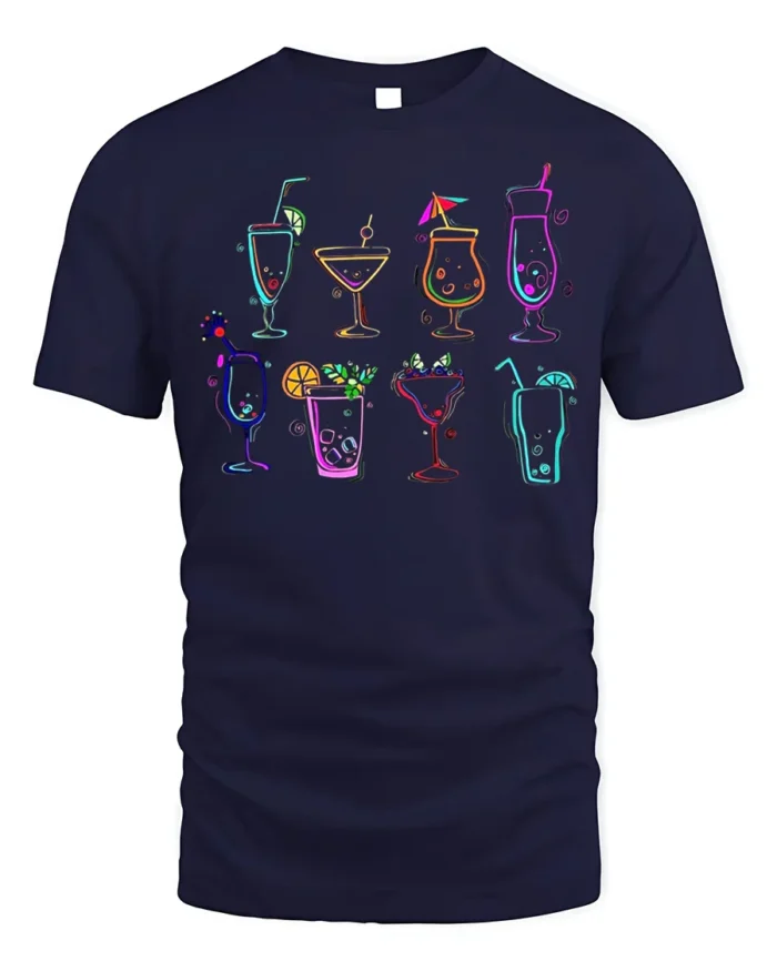 Colorful Cocktail Drinks Graphic T-Shirt Party Tee - navy t-shirt on white background