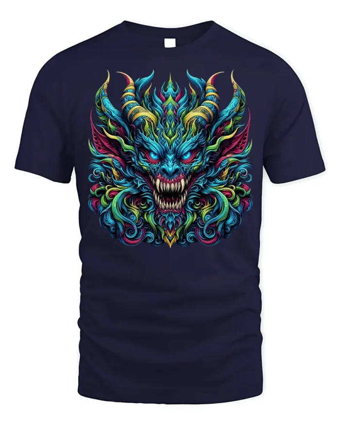 Fierce Demon Dragon Graphic T-Shirt Colorful Gothic Tee - navy t-shirt on white background