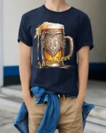 Vintage Beer Mug Graphic T-Shirt I Love Beer - model wearing navy shirt, hands in pockets