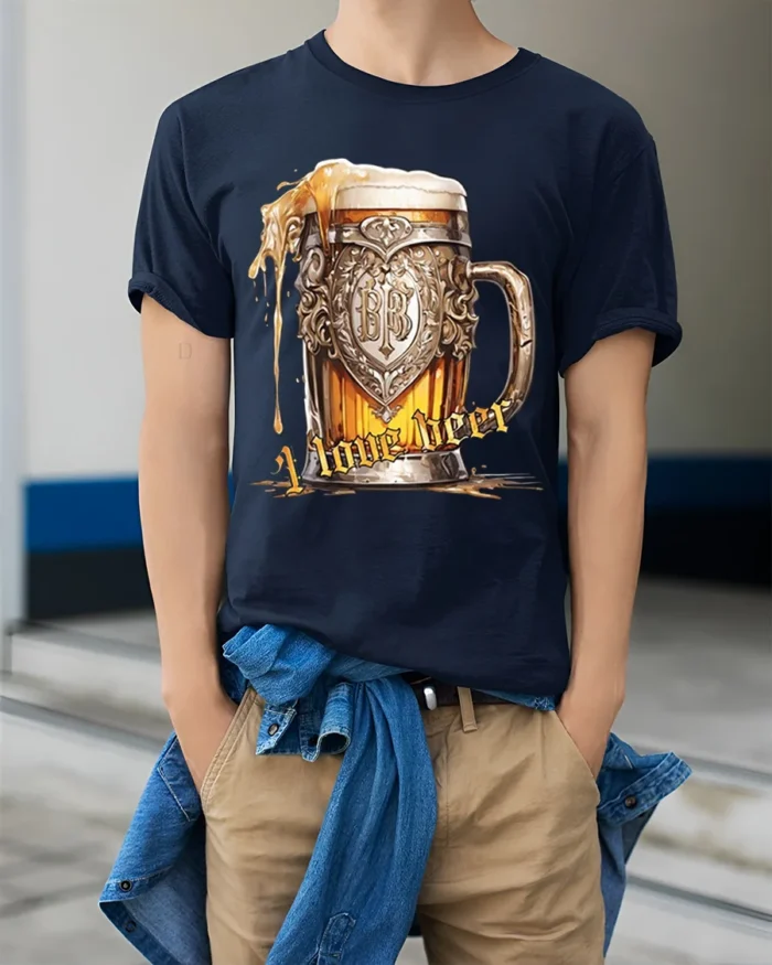 Vintage Beer Mug Graphic T-Shirt I Love Beer - model wearing navy shirt, hands in pockets