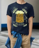 Oktoberfest Beer Festival T-Shirt Bavarian Party Tee - model wearing navy shirt, hands in pockets