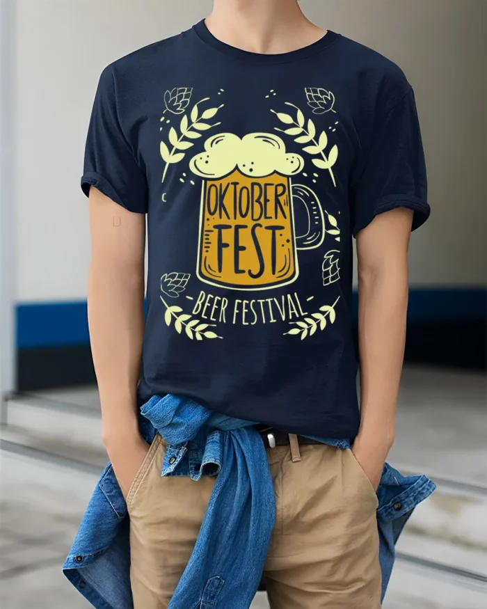 Oktoberfest Beer Festival T-Shirt Bavarian Party Tee - model wearing navy shirt, hands in pockets