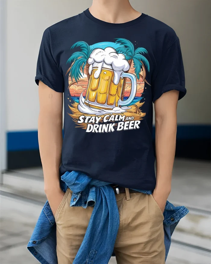 Stay Calm and Drink Beer T-Shirt Tropical Party Tee - model wearing navy shirt, hands in pockets