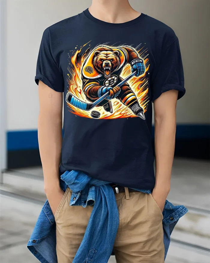 Fierce Hockey Bear Graphic T-Shirt Cool Sports Tee - model wearing navy shirt, hands in pockets