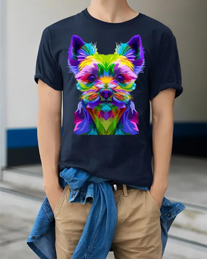 Colorful Yorkie Dog Graphic T-Shirt Pop Art Style Tee - model wearing navy shirt, hands in pockets