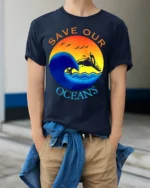 Save Our Oceans T-Shirt Eco Friendly Marine Life Tee - model wearing navy shirt, hands in pockets