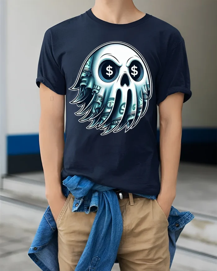 Money Skull Graphic T-Shirt Dollar Sign Eyes Tee - model wearing navy shirt, hands in pockets