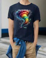 Rainbow Tornado Graphic T-Shirt Colorful Storm Tee - model wearing navy shirt, hands in pockets