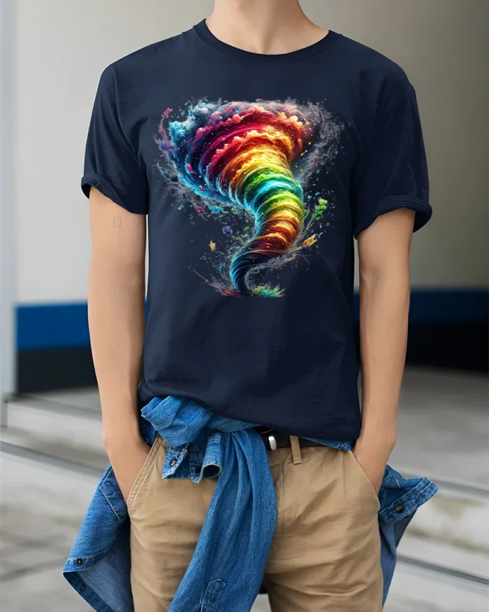 Rainbow Tornado Graphic T-Shirt Colorful Storm Tee - model wearing navy shirt, hands in pockets