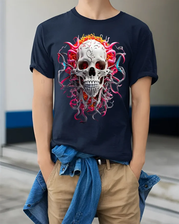 Fiery Skull Graphic T-Shirt Dark Gothic Art Tee - model wearing navy shirt, hands in pockets