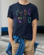 Colorful Cocktail Drinks Graphic T-Shirt Party Tee - model wearing navy shirt, hands in pockets