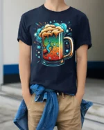 Colorful Beer Mug Graphic T-Shirt Party Vibes Tee - model wearing navy shirt, hands in pockets
