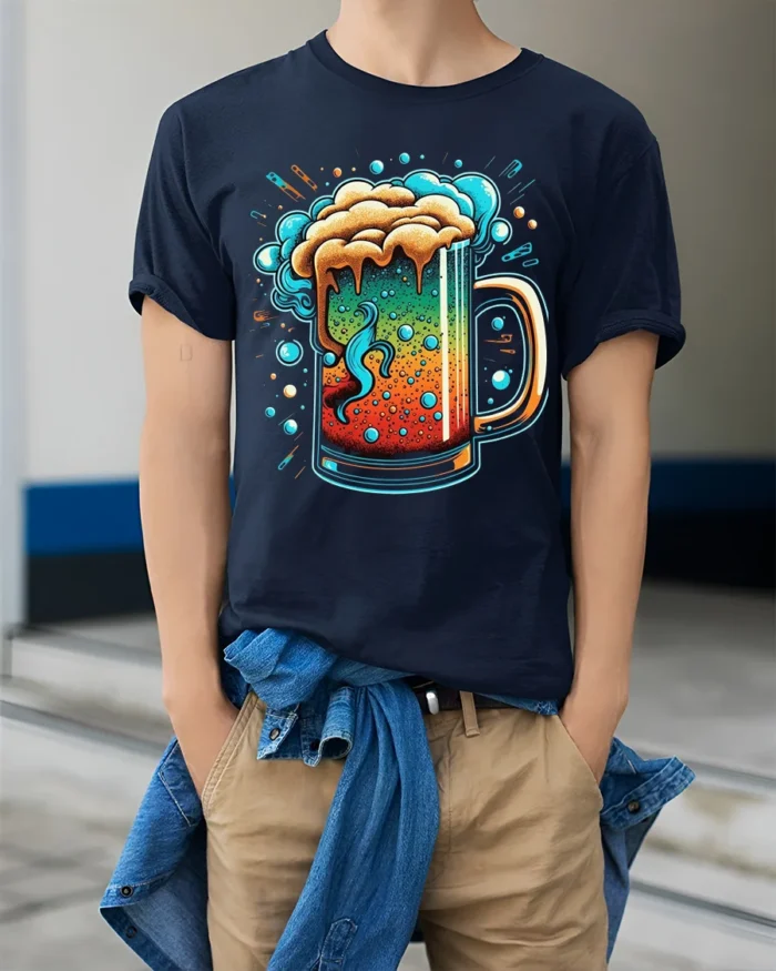 Colorful Beer Mug Graphic T-Shirt Party Vibes Tee - model wearing navy shirt, hands in pockets