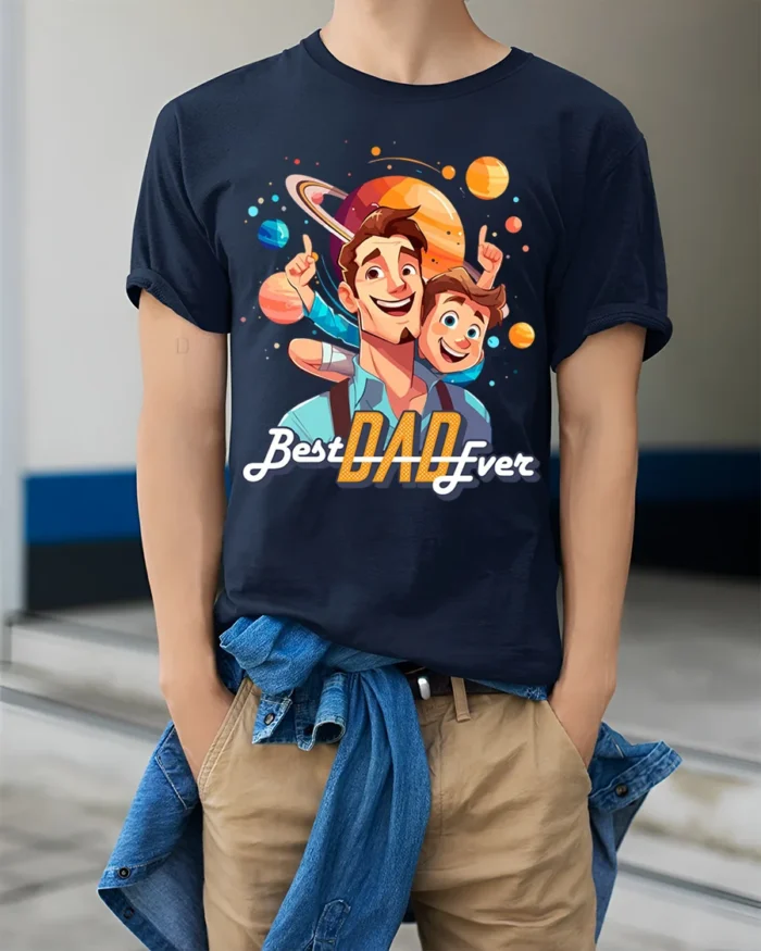 Best Dad Ever Graphic T-Shirt Father’s Day Gift Tee - model wearing navy shirt, hands in pockets
