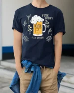 Oktoberfest Beer Festival T-Shirt Funny Drinking Tee - model wearing navy shirt, hands in pockets