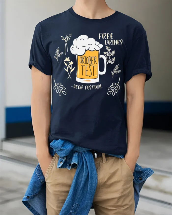 Oktoberfest Beer Festival T-Shirt Funny Drinking Tee - model wearing navy shirt, hands in pockets