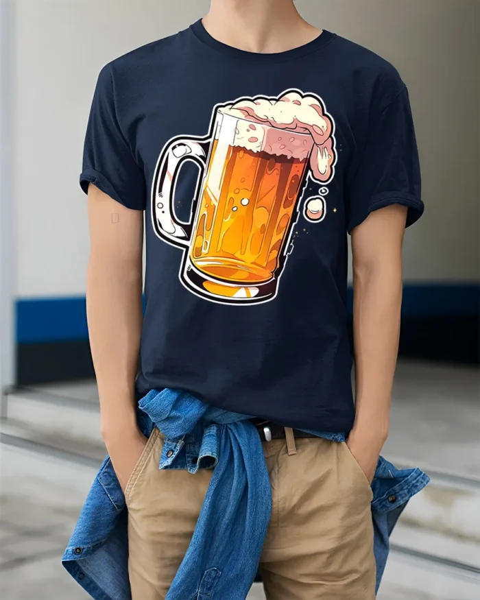 Frothy Beer Mug Graphic T-Shirt Cool Drinking Tee - model wearing navy shirt, hands in pockets