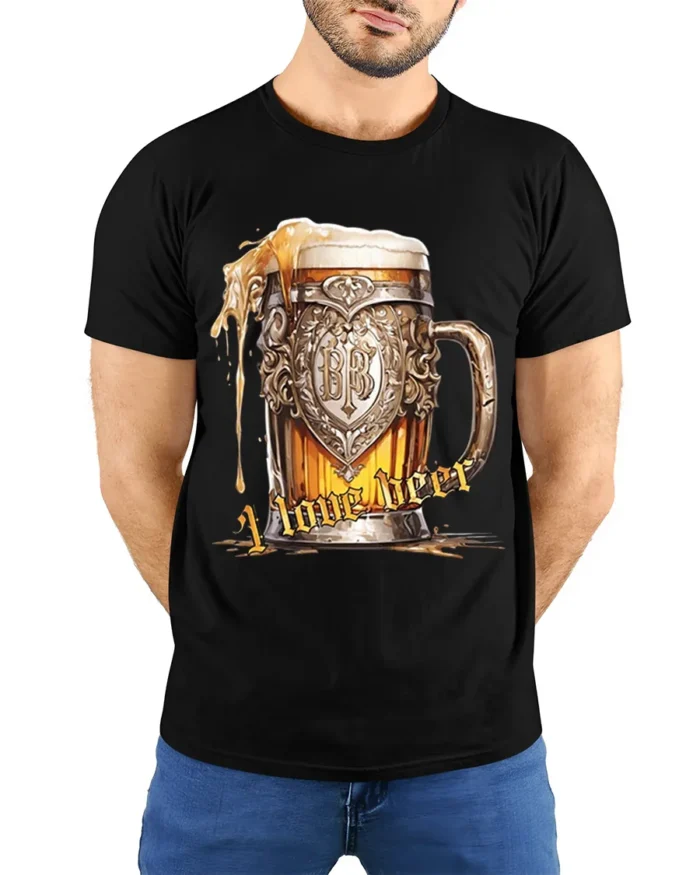 Vintage Beer Mug Graphic T-Shirt I Love Beer - model wearing black shirt, hands behind back