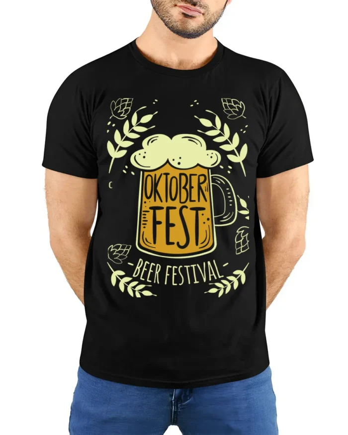 Oktoberfest Beer Festival T-Shirt Bavarian Party Tee - model wearing black shirt, hands behind back