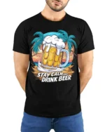 Stay Calm and Drink Beer T-Shirt Tropical Party Tee - model wearing black shirt, hands behind back