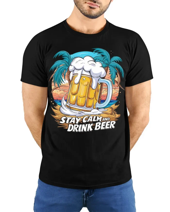 Stay Calm and Drink Beer T-Shirt Tropical Party Tee - model wearing black shirt, hands behind back