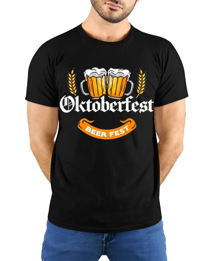 Oktoberfest Beer Fest T-Shirt Bavarian Drinking Tee - model wearing black shirt, hands behind back