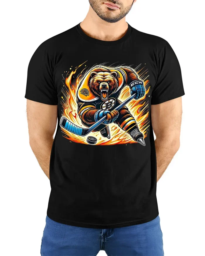 Fierce Hockey Bear Graphic T-Shirt Cool Sports Tee - model wearing black shirt, hands behind back