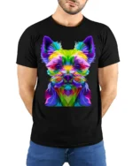 Colorful Yorkie Dog Graphic T-Shirt Pop Art Style Tee - model wearing black shirt, hands behind back