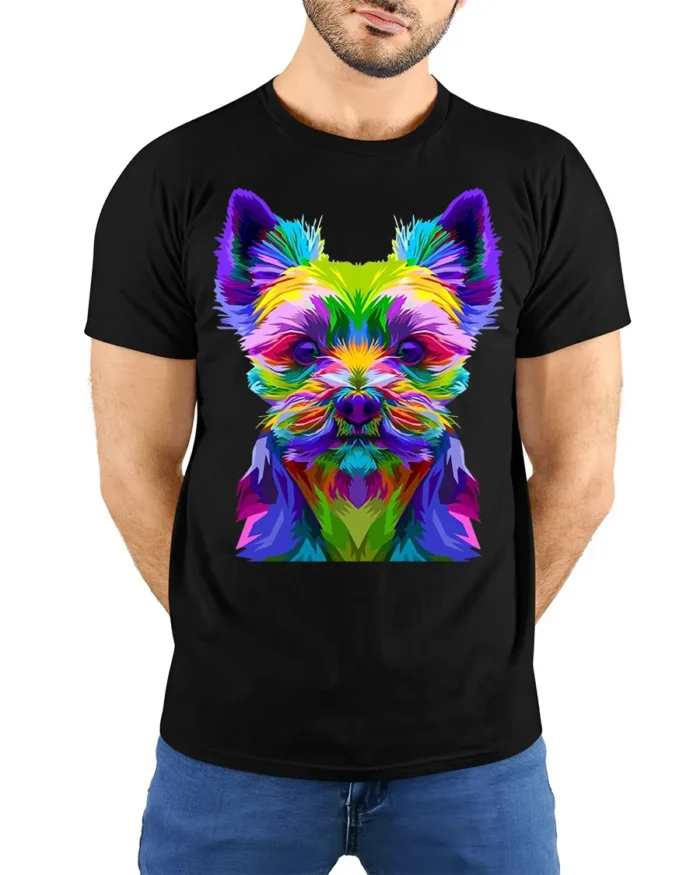 Colorful Yorkie Dog Graphic T-Shirt Pop Art Style Tee - model wearing black shirt, hands behind back