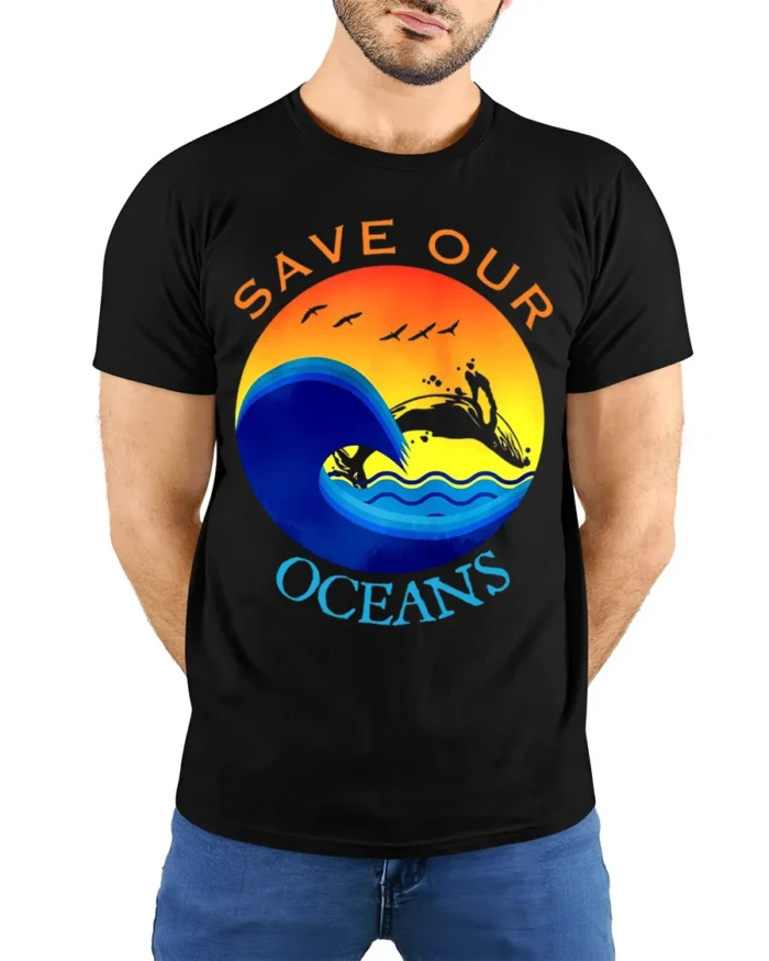 Save Our Oceans T-Shirt Eco Friendly Marine Life Tee - model wearing black shirt, hands behind back
