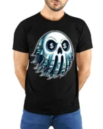 Money Skull Graphic T-Shirt Dollar Sign Eyes Tee - model wearing black shirt, hands behind back