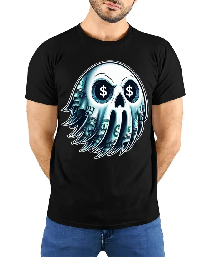 Money Skull Graphic T-Shirt Dollar Sign Eyes Tee - model wearing black shirt, hands behind back