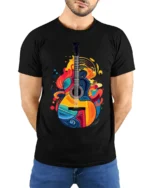 Colorful Guitar Graphic T-Shirt Music Lover Tee - model wearing black shirt, hands behind back