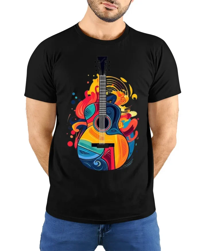 Colorful Guitar Graphic T-Shirt Music Lover Tee - model wearing black shirt, hands behind back
