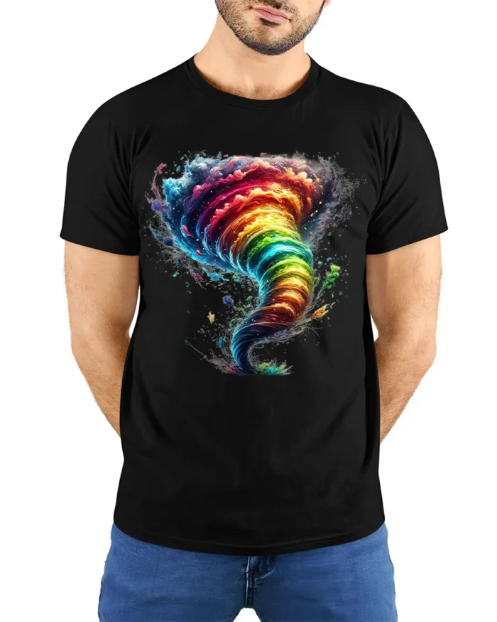 Rainbow Tornado Graphic T-Shirt Colorful Storm Tee - model wearing black shirt, hands behind back