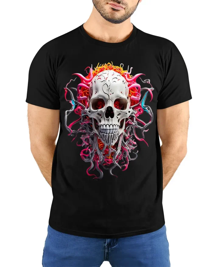 Fiery Skull Graphic T-Shirt Dark Gothic Art Tee - model wearing black shirt, hands behind back