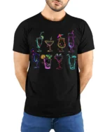 Colorful Cocktail Drinks Graphic T-Shirt Party Tee - model wearing black shirt, hands behind back