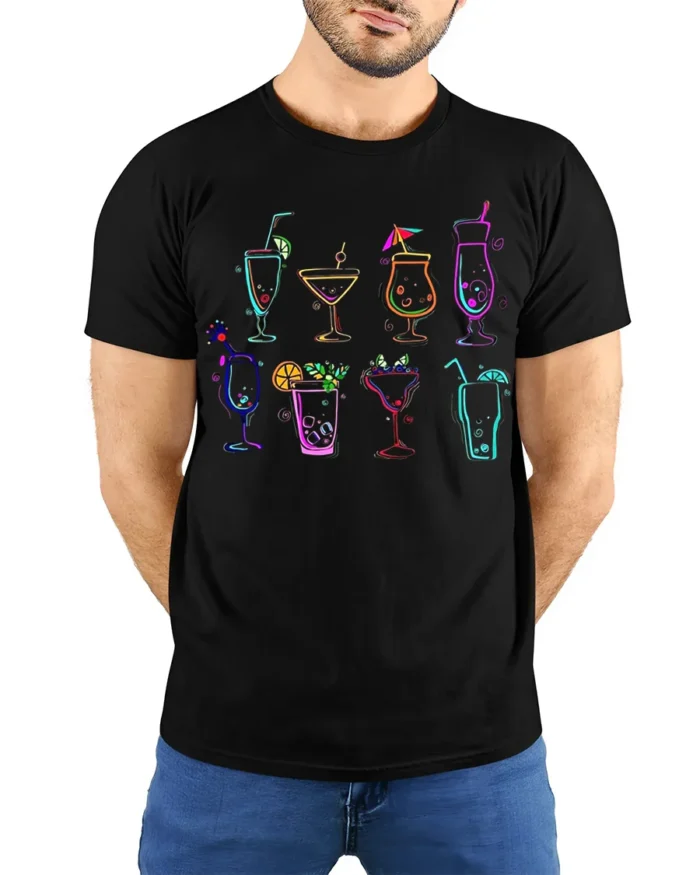 Colorful Cocktail Drinks Graphic T-Shirt Party Tee - model wearing black shirt, hands behind back