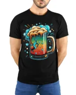 Colorful Beer Mug Graphic T-Shirt Party Vibes Tee - model wearing black shirt, hands behind back