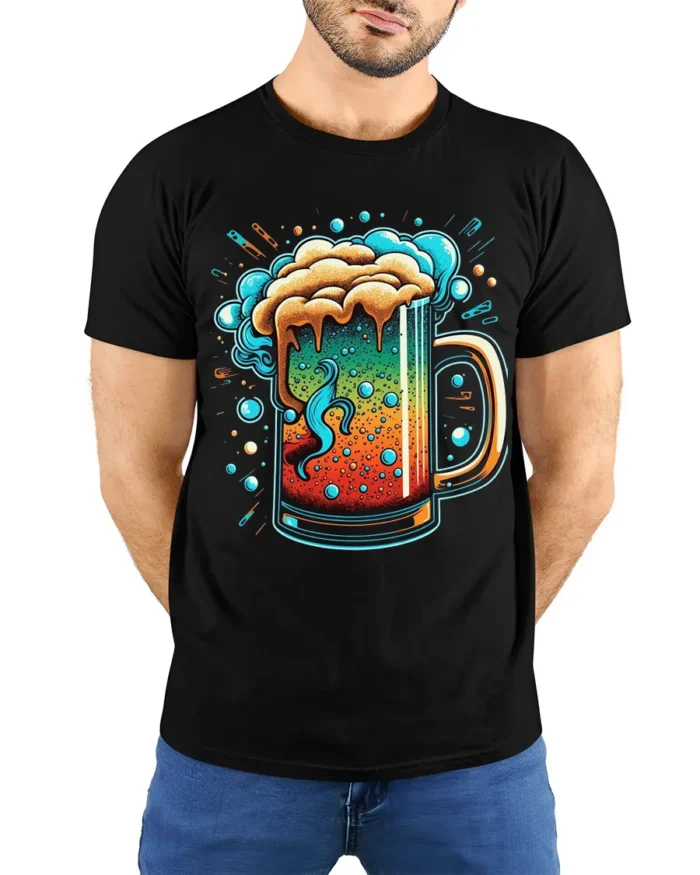 Colorful Beer Mug Graphic T-Shirt Party Vibes Tee - model wearing black shirt, hands behind back
