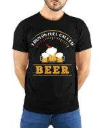 Funny Beer Fuel Gauge T-Shirt I Run On Beer Tee - model wearing black shirt, hands behind back