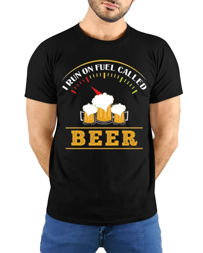 Funny Beer Fuel Gauge T-Shirt I Run On Beer Tee - model wearing black shirt, hands behind back