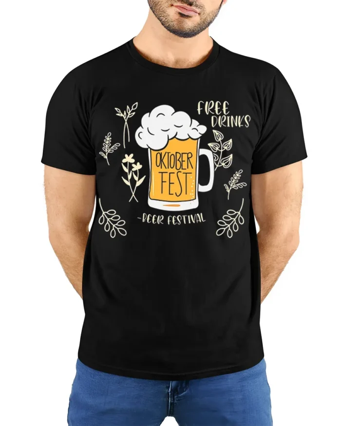 Oktoberfest Beer Festival T-Shirt Funny Drinking Tee - model wearing black shirt, hands behind back