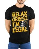 Funny Relax Gringo I’m Legal Skeleton Beer T-Shirt - model wearing black shirt, hands behind back
