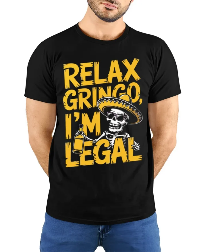 Funny Relax Gringo I’m Legal Skeleton Beer T-Shirt - model wearing black shirt, hands behind back